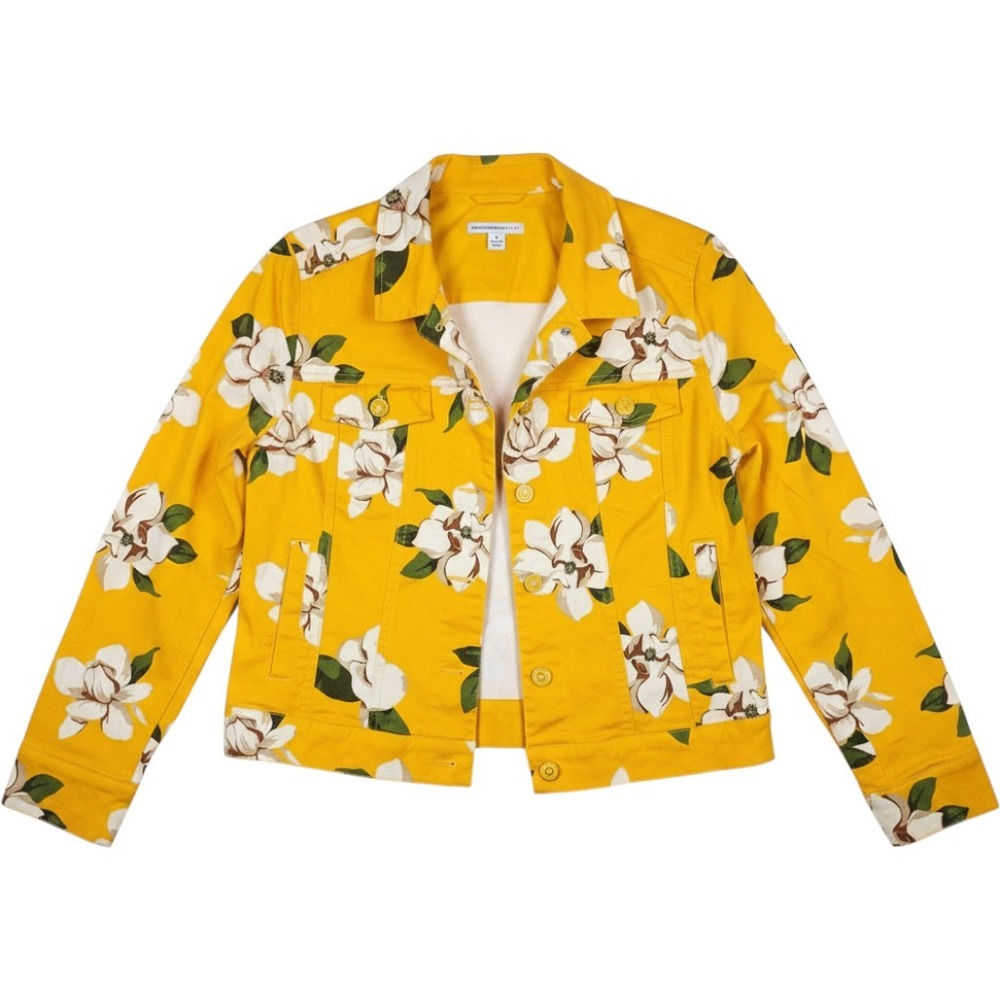 Isaac Mizrahi Live! Floral Denim Jacket‎ A255687 Women 12 Yellow Magnolia